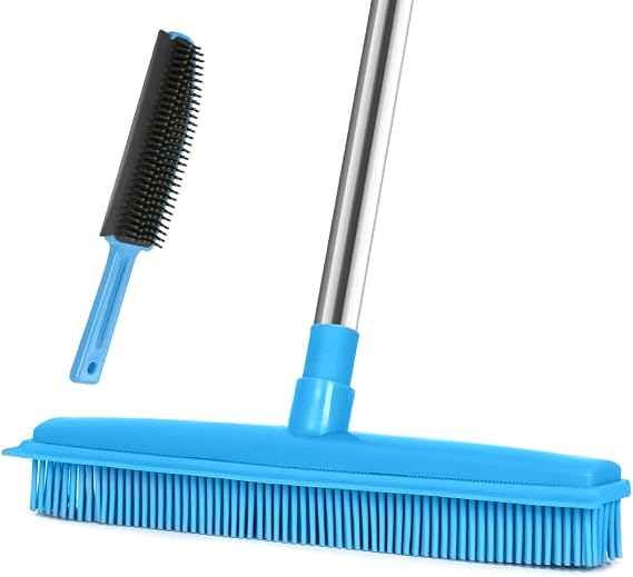 Landhope Fur Remover Broom, Rubber Broom with Squeegee Long Handle, 50 inches Sweeping Rug Brush Clean Carpet Windows Wooden Floor Sofa Bathroom Rugs Car Floor No Scratch