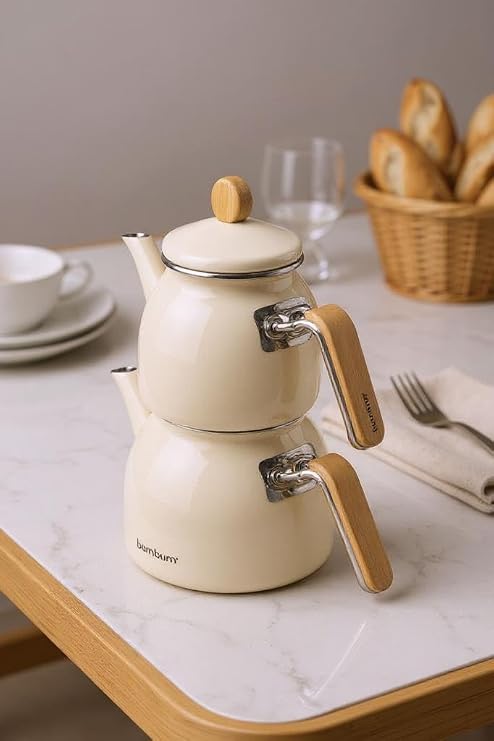 Sultan - Enamel Teapot Set Cream with Bamboo Handles
