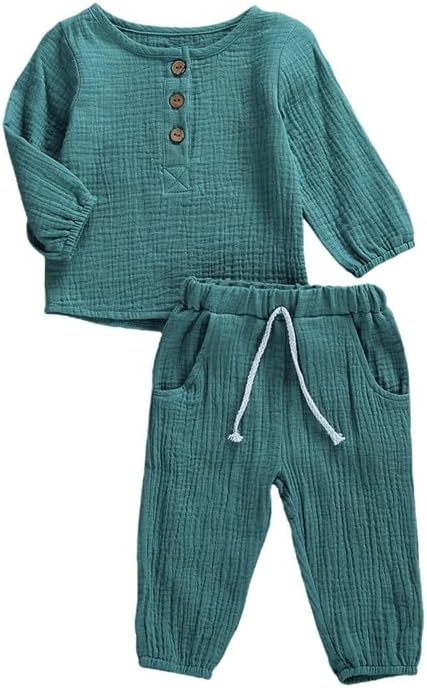 Toddler Baby Boy Girl Clothes Cotton Linen Long Sleeve Button Pullover Tops Drawstring Pants Set Casual Outfit