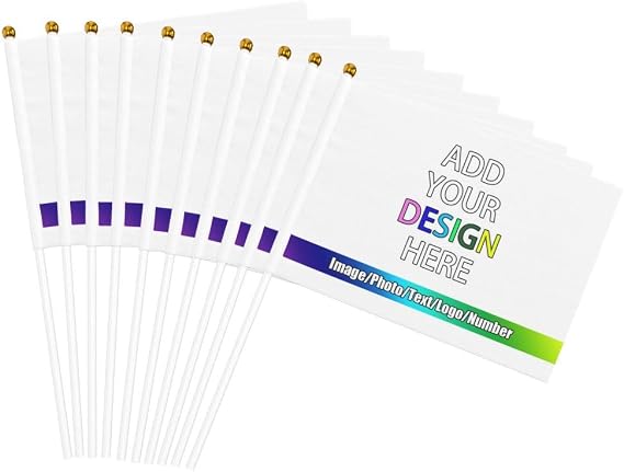 Custom Flag with Miniature Stick Add Your Text Logo Photo Personalized Fade Resistance Handheld Flags Banner for Party Festival Events Parades, White