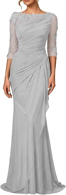 Mermaid Lace Mother of The Bride Dresses for Women 3/4 Sleeve Chiffon Long Formal Evening Party Gowns for Wedding