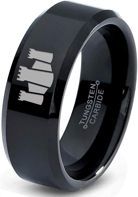 Middle Ages Castle Fortress Ring - Tungsten Band 8mm - Men - Women - 18k Rose Gold Step Bevel Edge - Yellow - Grey - Blue - Black - Brushed - Polished - Wedding - Gift Dome Flat