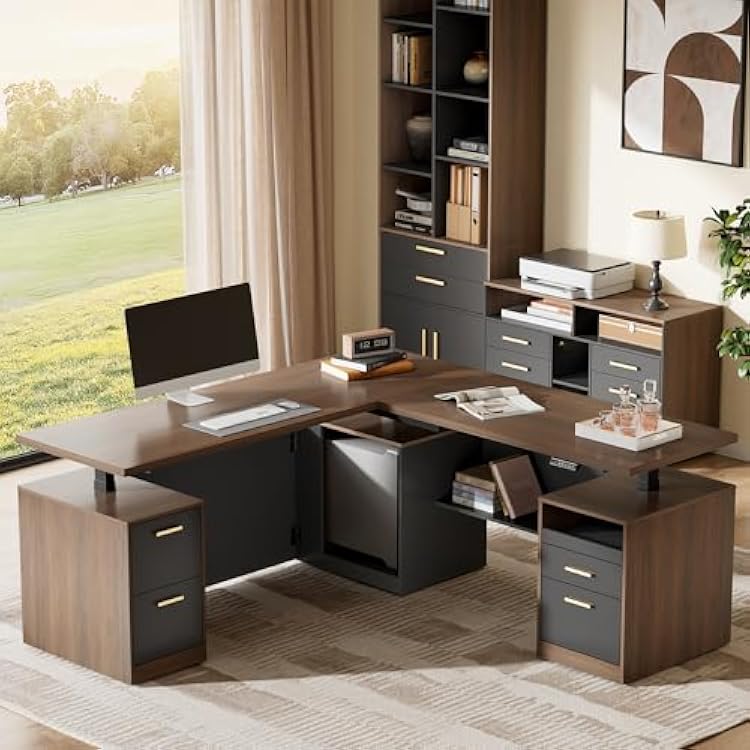 ModernMate 71 L-Shaped Electric Standing Desk with 5 Drawers, One-Piece Height Adjustable Executive Stand Up Desk, ACUSB & Privacy Panel, Home Office Workstation with Storage, Black Walnut