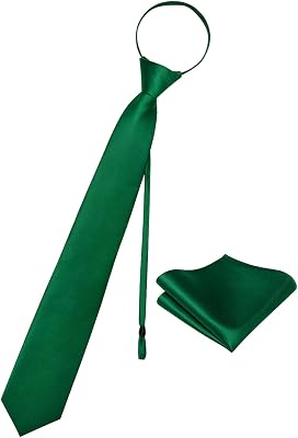 Zipper Tie for Men Adjustable Pre-tied Satin Neckties and Pocket Square Set Solid Color Business Formal Wedding