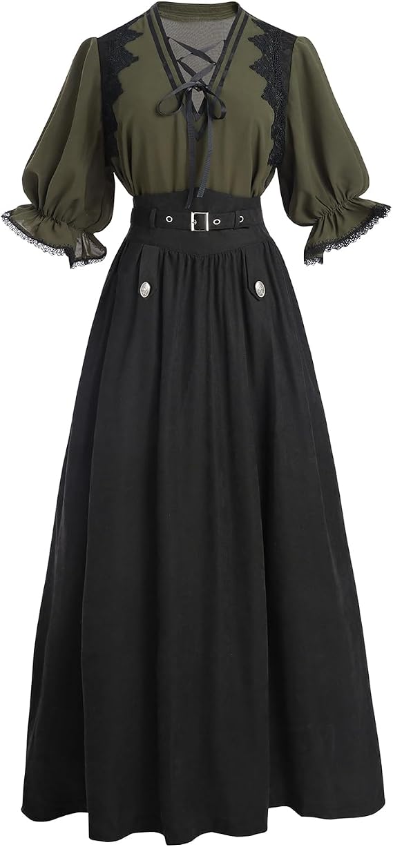 CR ROLECOS Victorian Dress for Women 2-Piece Renaissance Costume V Neck Short Sleeve Edwardian Maxi Dresses