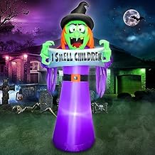 8FT Halloween Inflatable Witch Outdoor Decoration, Lighted Blow Up Yard Decor with Banner I Smell Children, Ghost Built-in Bright LED Light for Home Garden Ground Lawn Patio Outside Holiday Party Prop