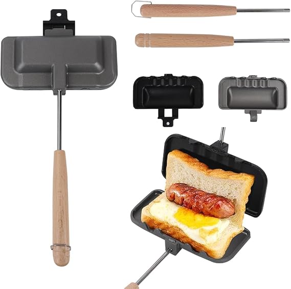 Qivine Hot Sandwich Maker, 4w1h Sandwich Maker Double Sided Pie Iron Non-Stick Cast Iron Sandwich Maker Panini Press Pan With Removable Handles For Breakfast Pancakes, Toast, Omelets (Type A)