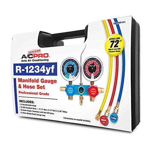 Certified AC Pro Car Air Conditioner Refrigerant Gauge & Hose,Reusable AC Recharge Kit to Dispense R-12343YF to Compatible Vehicles,Includes Recalibrateable Low & High Pressure Gauges,InterDynamics