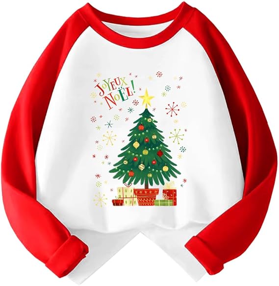 Kids Christmas Shirt Boys Girls Ugly Xmas Santa Claus Reindeer Tree Graphic Tees Raglan Toddler Long Sleeve Tshirt Tops