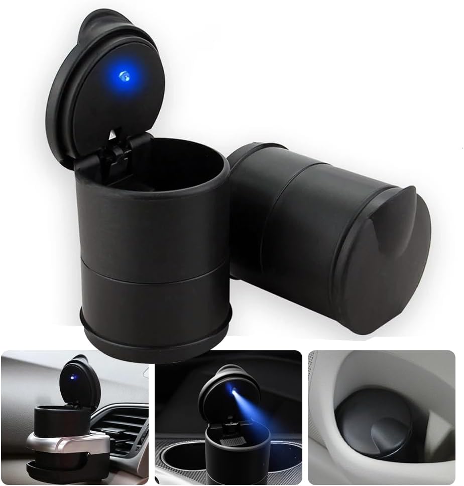 LED Lighted Car Ashtray with Lid Self Extinguishing Mini Car Trash Can Car Smokeless Cylinder Car Ashtray for Home Office and Travel Waterproof Odor Leak Proof Washable Black Matte Ash Tray