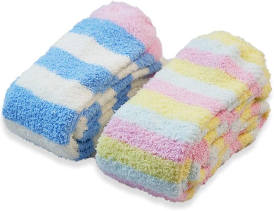 CutiePlusU Striped Coral Fleece Winter Warm Over Knee High Socks - Soft Fuzzy Thigh High 2 Pairs Pack