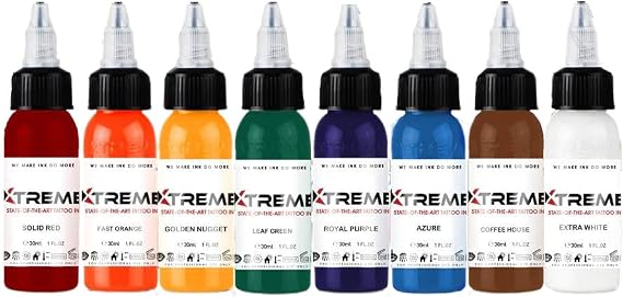 Xtreme Ink オールドスクールカラーセット - レトロタトゥーインクコレクション:ソリッドレッド、ロイヤルパープル、アズール、ゴールドナゲットなど - クラシックカラーでヴィンテージアートを解き放ちます8個セット、1オンス。