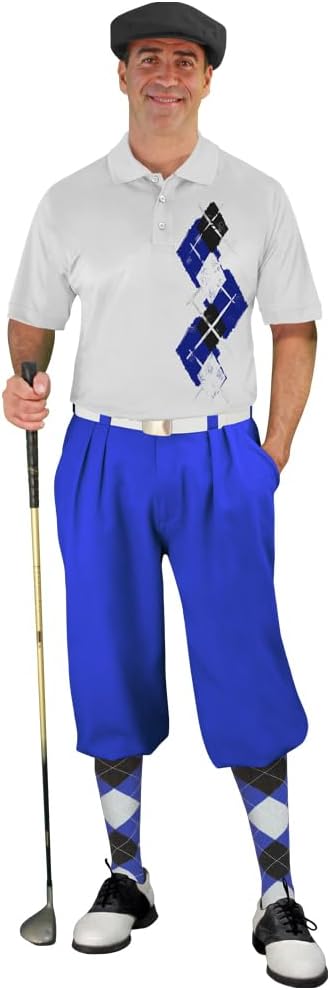 Argyle Paradise Outfit - Mens QQ: Royal Blue Black and White Complete Golf Outfit - Waist Size 50 - Shirt Size XX-Large