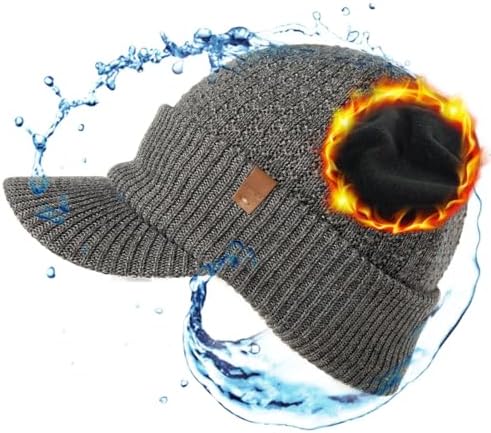 TOP-EX DryKnitTM Waterproof 50% Merino Wool Visor Beanie Hat for Men Fleece Lined Winter Hat with Brim for Big Heads