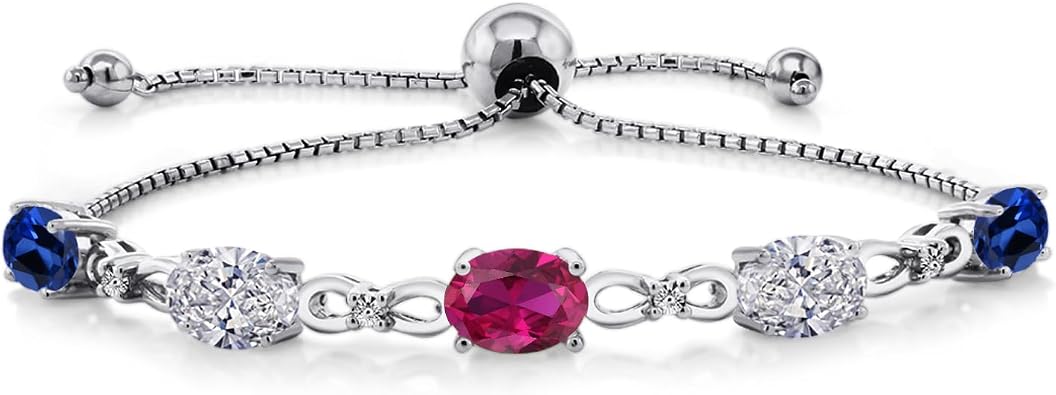 Gem Stone King Customized and Personalized 5 Oval Gemstone Birthstone and White Lab Grown Diamond Tennis Bracelet For Women | 925 Sterling Silver | Adjustable Bolo Bracelet For Women