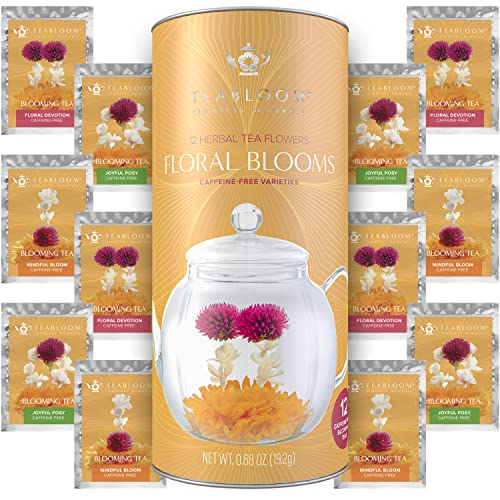Teabloom Jasmine Flowering Tea Hand Tied Green Tea Leaves  Jasmine Blossoms Flowering Tea Creations Blooming Tea Gift Set 12-Pack, 36 Steeps, Makes 250 Cups