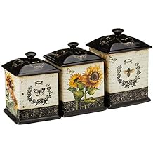 Certified International French Sunflowers Canister Set, Set of 3 Ceramic Kitchen Storage Jars with Lids, Vintage Sunflower Decor, Floral Bee Butterfly Design, 56/60/96 oz