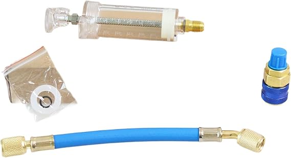 30ml Automotive AC Cooling Agent Oil Injection with Pressure Gauge, 1/4 Inch SAE Thread, Copper and Plastic Construction for Refrigeration Systems, Blue