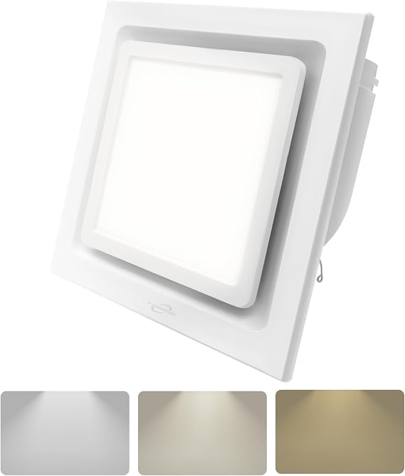 Bathroom Exhaust Fan with Light, 117 CFM & 0.7 Sones, 12W 3-Color LED | 4-Inch Duct, 9.8" Square Panel,Min. 9" Opening,Ultra-Quiet Ceiling Vent Fan