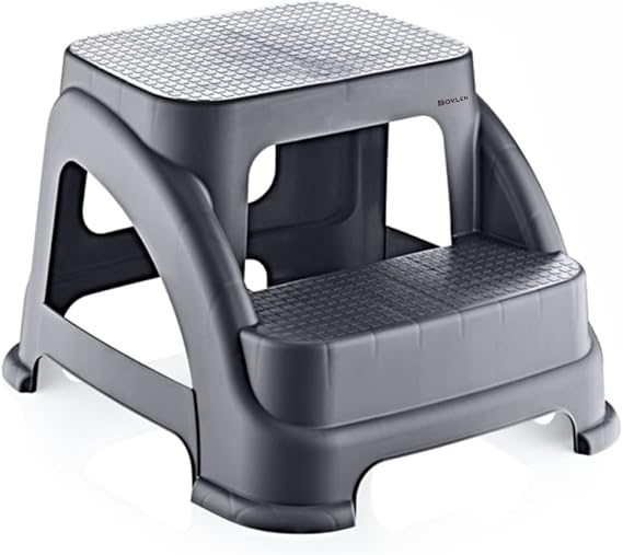 İki Basamaklı Kaymaz Tabure - 120 KG Taşıma Kapasiteli - Basamaklı Tabure - Sert Plastik (Antrasit)