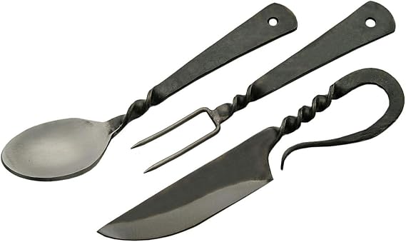 SZCO Supplies 7.25" Hand-Forged Medieval Cutlery Set Carbon Steel Fork, Knife, Spoon with Leather Pouch, Renaissance Costume Utensils for Camping, Cosplay, and Historical Display