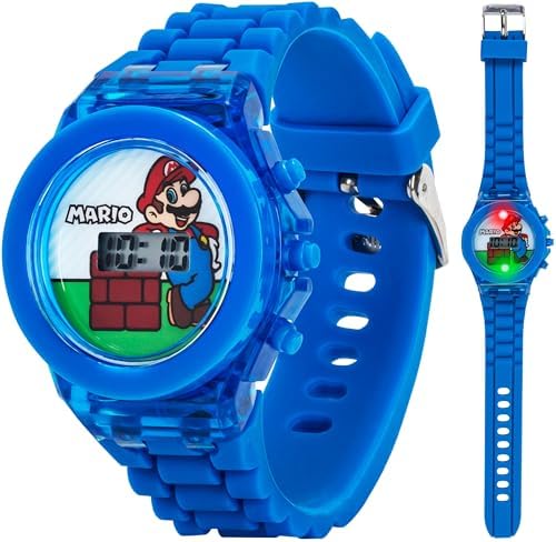Super Mario Kids LCD Digital Watch with Flashing Lights in Dial Featuring Mario Design and Molded Silicone Strap Easy-Read Time Display Durable Build Fits Wrists 5.5 to 8