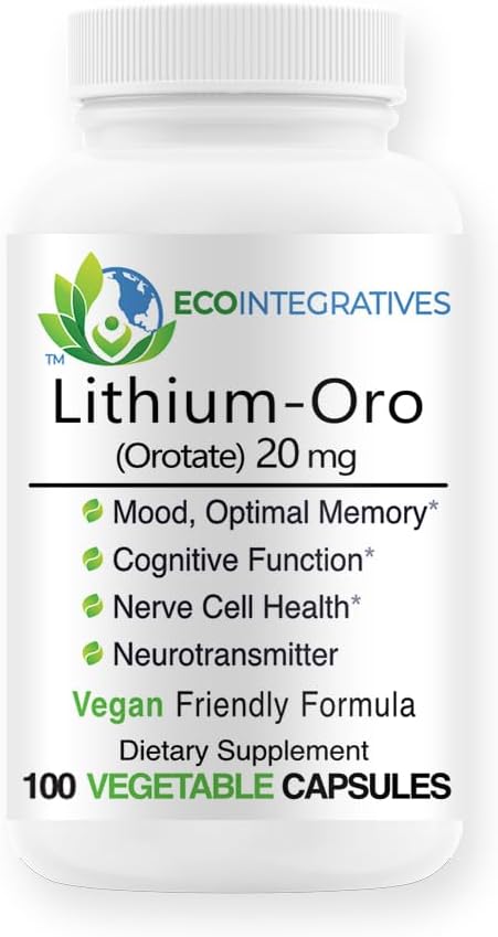 Lithium-Oro Orotate 20mg Supplment, 100 Vegetarian Capsules | Lithium Orotate Complex with Orotic Acid, 20mg Elemental Lithium, for Memory, Cognitive and Cell Health*, Non-GMO Formula