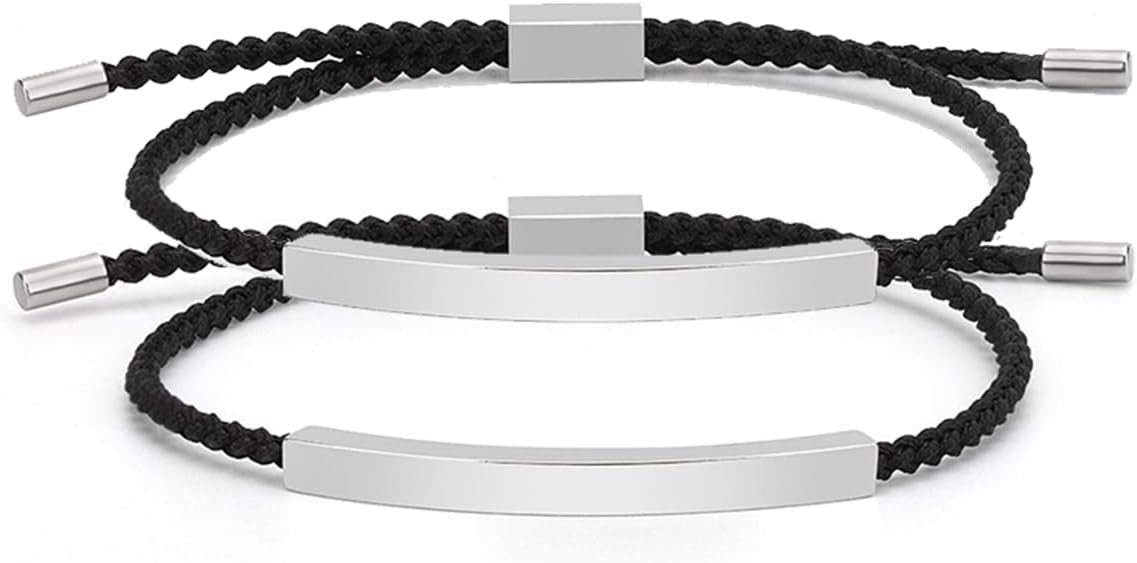 LEGENSTAR Couples Matching Friendship Relationship Bracelets Adjustable Braided Cord Bracelet Stainless Steel Square Curved Tube Charm for BFF Boyfriend Girlfriend Valentine's Day Christmas Gifts
