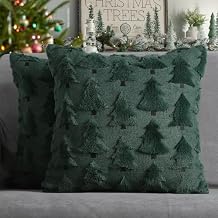 4TH Emotion Christmas Trees Decorative Pillow Covers 18x18 Set of 2, Green Soft Plush Faux Fur Farmhouse Throw Cushion Cases for Xmas Winter Holiday Home Decor