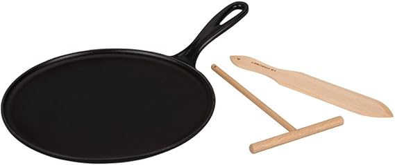Le Creuset L2036-2720 Enameled Cast Iron 10.75" Crepe Pan with Rateau and Spatula, Matte Black