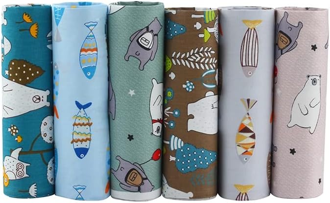 AMORNPHAN Bear and Fish Animals Cartoon Printed 100% Cotton Quilting Bundles Fabric for Patchwork Needlework DIY Sewing Crafting Precut Face Mask 16x20 Inches 40x50cm. Set of 6 Pieces Bear&Fish