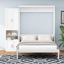 Queen Size Murphy Bed with 1 Side Cabinet Storage Shelf, 68 inch Cabinet Bed Folding Wall Bed with Desk Combo Perfect for Guest Room, Study, Office,White