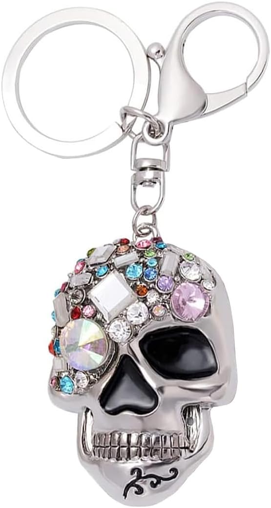 Skull Key Chain, Stylish, Key Ring, Rhinestone, Pendant, Zinc Alloy, Halloween, Silver, Skull Charm, Skull, Skull, Car Key Decoration, Bag Charm, Souvenir, Birthday, Gift
