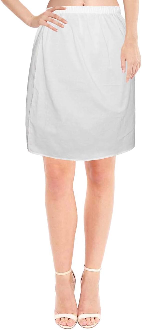 Cotton Half Slip Skirt Mini Dress liner Adjustable Waist Underskirt Half Petticoat Slip For Women (Medium- 20" Inch Length) White