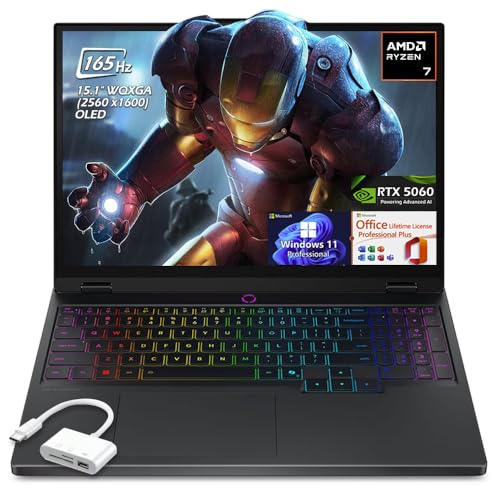 Lenovo Legion 5 15.1 OLED WQXGA 165HZ Gaming Laptop, AMD Ryzen 7 260 8-Core, 32GB DDR5 1TB SSD, RTX 5060, Backlit KB, WiFi7, Win11 Pro Office Lifetime License, Eclipse Black, wUSB Hub, WGaLiMu