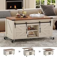 Turosur Lift Top Coffee Table with Storage, 4 in 1 Farmhouse Coffee Table with Lockable Rolling Wheels and Hidden Compartment, Center Table with 4 Sliding Barn Door for Living Room