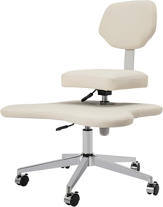 Cross Legged Office Chair with Wheels, Meditation Chair with Back Support, Height Adjustable ADHD Desk Chair for Adults, Wide Criss Cross Chair with Lumbar Support, Yoga Office Chair (Ivory White)