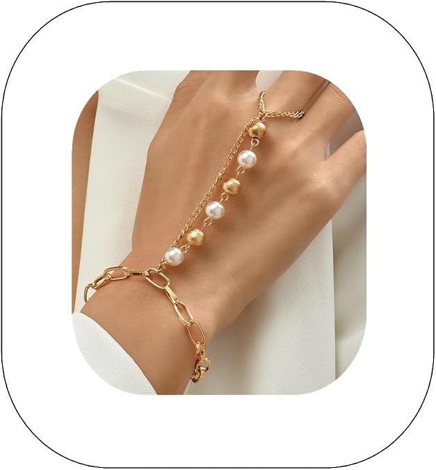 Vintage Pearl Slave Bracelet with Finger Ring Punk Link Chain Crystal Harness Bracelet Bridal Wedding Hand Jewelry Prom Party Belly Dance Accessories for Women (Gold D)