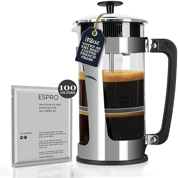 ESPRO French Press Bundle - P5 Stainless Steel French Press with 100 Count Coffee Paper Filters