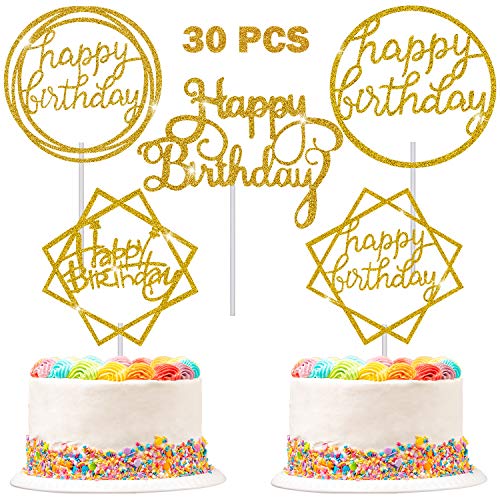 30 Pieces Happy Birthday Cake Toppers Glitter Cupcake Picks Colorful Cake Toothpick Decorations for Anniversary Congratulation Birthday Party Favors Supplies Gold