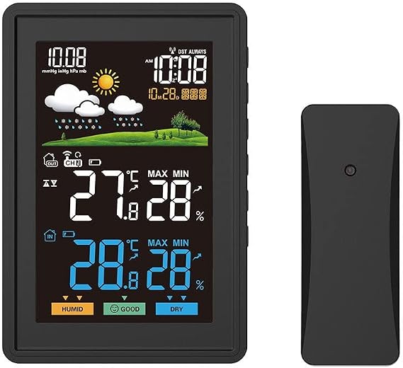 Weather Station Indoor Outdoor Thermometer, Color Display Digital Weather Thermometer with Atomic Clock, Forecast Station with Calendar and Adjustable Backlight, Black (Color : Black)