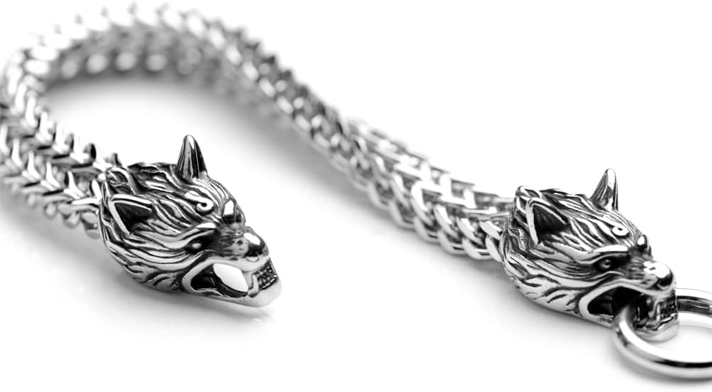 Norse Viking Stainless Steel Men's Link Bracelet Punk Wolf Head Curb Chain Bracelet 7.4 8.2 9 inches