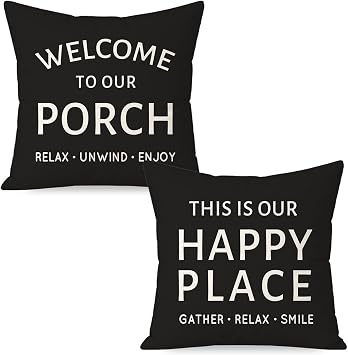 Outdoor Farmhouse Decorative Throw Pillow Covers 16x16 Inch Set of 2 Welcome to Our Porch This is Our Happy Place Black and White Cushion Case Decoration for Patio Furniture Couch Decor