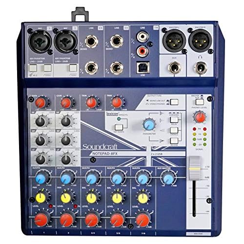 Soundcraft Notepad-8FX Podcast Mixer Bundle with Rockville PRO-M50 Headphones, RC1DTRS Headphone Splitter Cable, RCM03 Pro Recording Mic, RCTR106B TRS to TRS Cable and RDTS Tripod Mic Stand