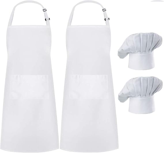 Hyzrz 2 Pack Chef Apron Hat Set, Adjustable Bib Cooking Aprons Water Drop Resistant Baker Kitchen Cooking for Women Men Father's Gift(White)