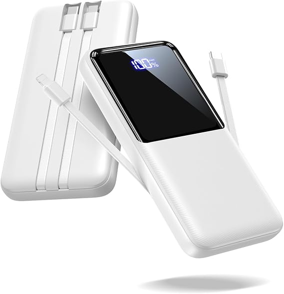 CFIAI Portable Charger Power Bank - 15000mAh Fast Charging Portable Battery Pack with Built in USB-C(22.5W) and iOS(20W) Output Cables (1 Pack,White)