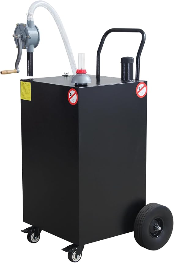 45 Gallon Fuel Transfer Tank - Portable Gas Caddy with Hand Siphon Pump & Flat-Free Wheels for Automotive Diesel Engine Oil Storage, Rolling Garage & Farm Fuel Carrier, Black