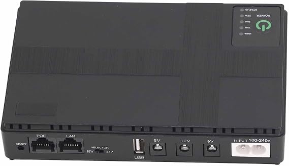 Mini UPS Battery Backup, Uninterruptible Power Supply for Router Modem Security Camera Fax Machine, 5V 9V 12V 2A POE 15V 24V 1A Output, 100 to 240V (US Plug)
