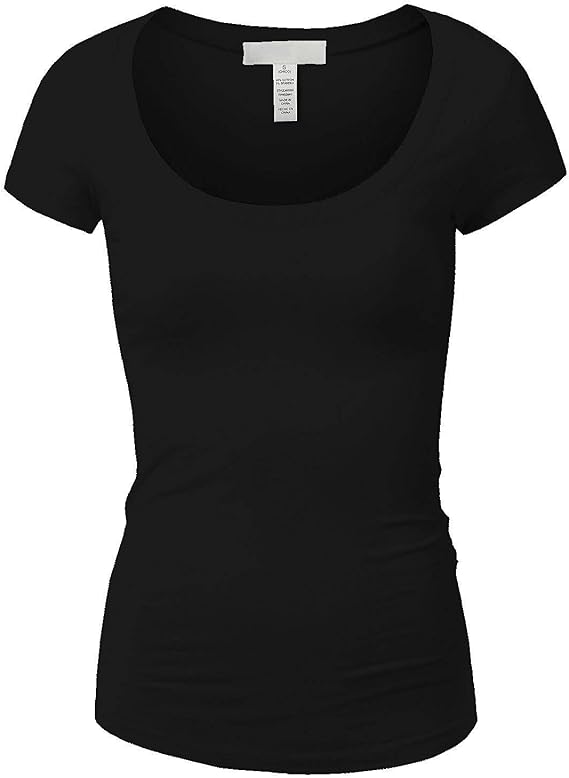 Active Basic Womens Plain Basic Deep Scoop Neck with Cap Short Sleeves, Black, M