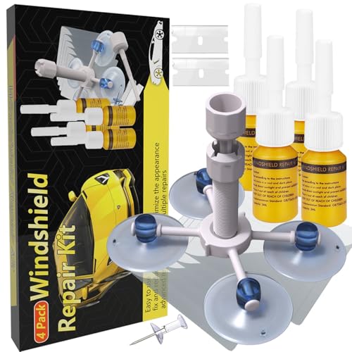 Windshield Repair Kit, 4 Pcs Car Glass Repair Kit Quick Fix for Chips & Cracks, Windshield Crack Repair Kit,Cracks Gone Glass Kit, Automotive Windscreen Tool, Nano Fluid Filler YellowGold